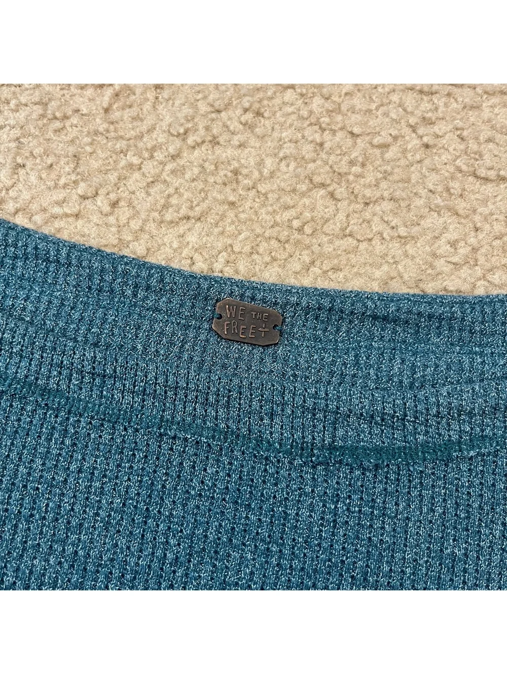 We The Free Free People Blossom Thermal Top Teal Waffle Knit Print Sleeve Size M